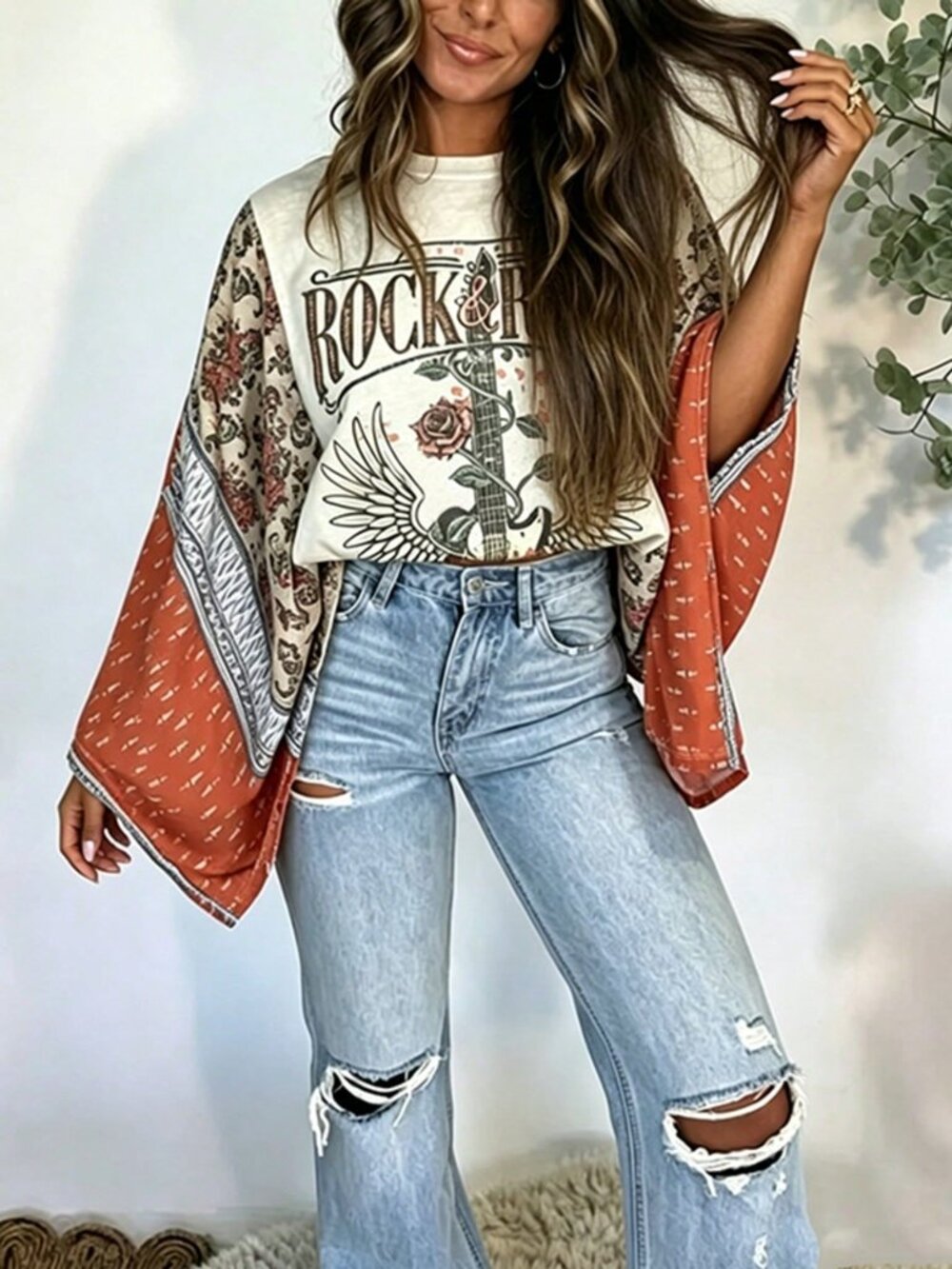 Orange Casual Women's Loose Fit Batwing Sleeve Round Neck Graphic Printed Top - Picture 2 of 6